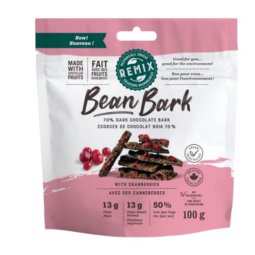 Remix Snacks Bean Bark with Cranberry, Dark (70% Cacao) Chocolate Snack, Made with Black Beans and Upcycled Fruit High-protein, High-fibre, Vegan, Canadian, 100g