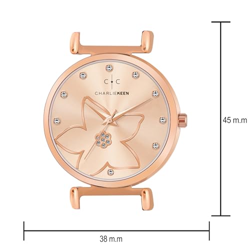 Image of CHARLIEKEEN Women's Watch, Analog Dial with Rose Gold Flower Design, Crystal Accents, Soft Silicone Strap