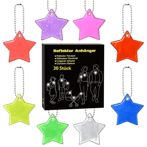DealKits 20 PCS Sicherheits Reflektor Anhänger, Stern Schlüsselanhänger, Kinder Reflektor Anhänger für Puppensitze Rucksack Handtasche Jacken Rollstuhl Fahrrad Laufen Party Mitgebsel -8 leuchte Farben