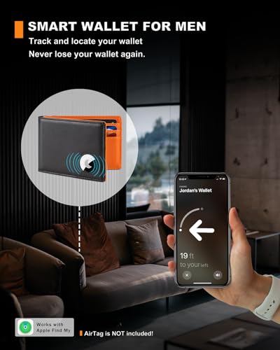 Men's RFID Blocking Bifold Wallet Genuine Leather with AirTag Holder Cash Slots ID Window & Slim Design (Black&Orange)4