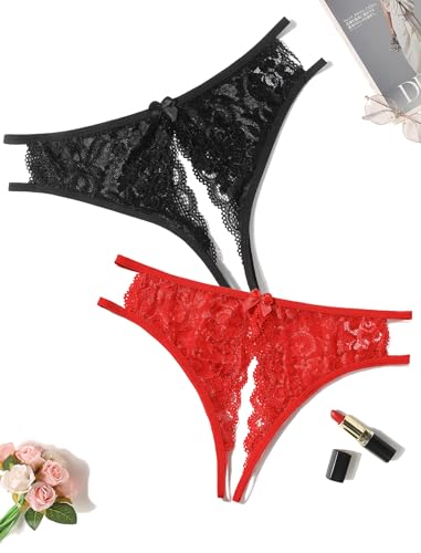 Image of Avidlove Women Lace Panties Sexy Thong Underwear Floral Lace Briefs | Womens sexy panty with Cute Bow Center Low Rise Underwear Mesh Hollow Out G-String 1-4 Pack