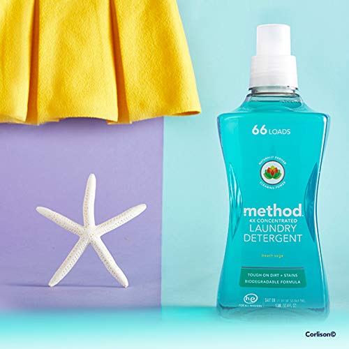 Image of Method Liquid Laundry Detergent; Beach Sage Scent, Stain Remover; 66 Loads per 53.5 oz Bottle; (Pack of 4)