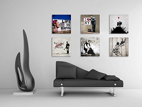Banksy Bilder Set B, 6-teiliges Bilder-Set jedes Teil 29x29cm, Seidenmatte Optik auf Forex, Moderne schwebende Optik, UV-stabil, wasserfest, Kunstdruck für Büro, Wohnzimmer, XXL Deko Bild - 3