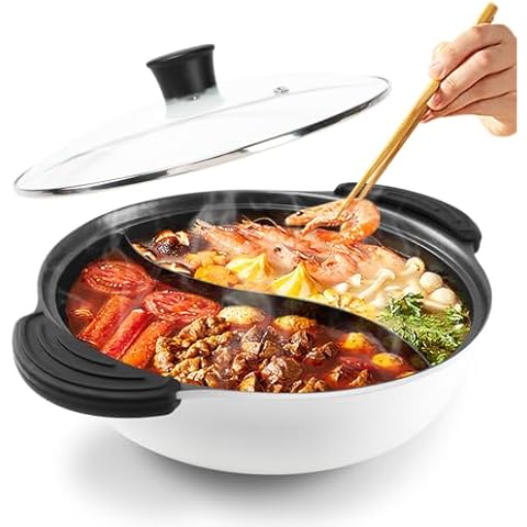 Hot Pot with Divider for Induction Cooker Dual Sided Soup Cookware Two-flavor Chinese Shabu Shabu Pot for Home Party Family Gathering, 4.5 Quart (White) Cover
