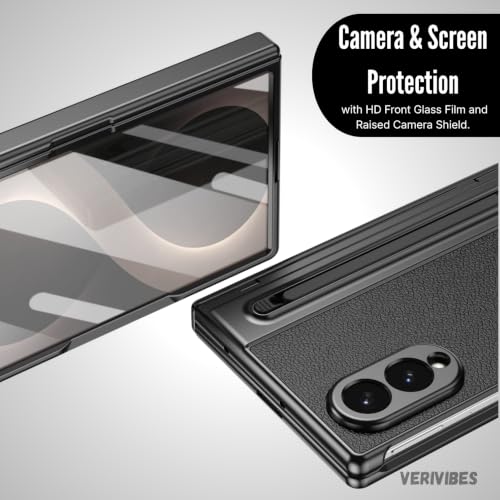 Image of Ultra Hybrid Luxury Leather Compatible with Samsung Galaxy Z Fold 8 (2026)| Built-in S Pen Holder| 360 Hinge Protection | Slim Shockproof Back Cover with Tempered Glass - Black