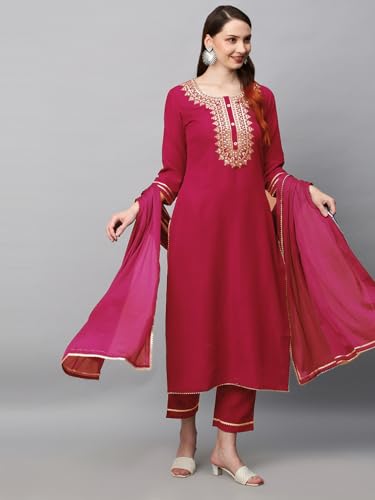 Image of GoSriKi Women's Cotton Blend Straight Embroidered Kurta with Pant & Dupatta Set (Dhati-GS)