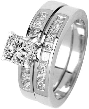 2.85 Carat 14K White Gold Classic Channel Set Princess Cut Diamond Engagement Ring and Wedding Band Set with a 2 Carat Moissanite Center