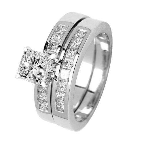 2.85 Carat 14K White Gold Classic Channel Set Princess Cut Diamond Engagement Ring and Wedding Band Set with a 2 Carat Moissanite Center