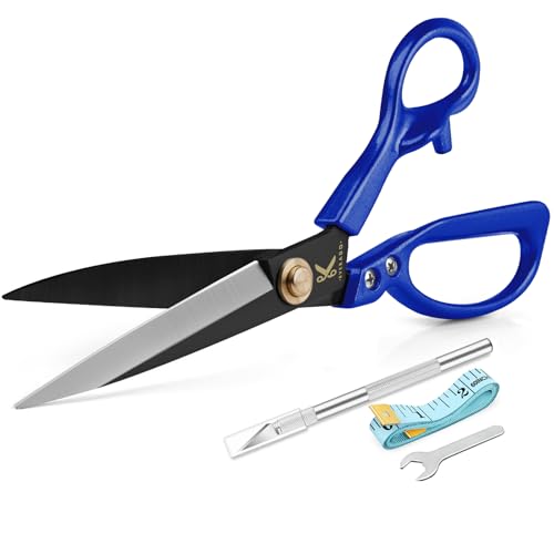 Homlynn Tesoura profissional de alfaiataria, aço de carbono de 10 polegadas, azul, mão direita, folha curvada, cabo de alumínio, acabamento inoxidável, ideal para jeans, couro, costura, bordado e