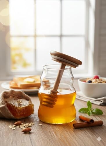 Image of SUANI Air Tight Honey Glass Jar with Wooden Dipper and Bamboo Lid | Transparent Borosilicate Honey Jar | Odor Free Honey Jar, (500ml) (Pack Of 2)