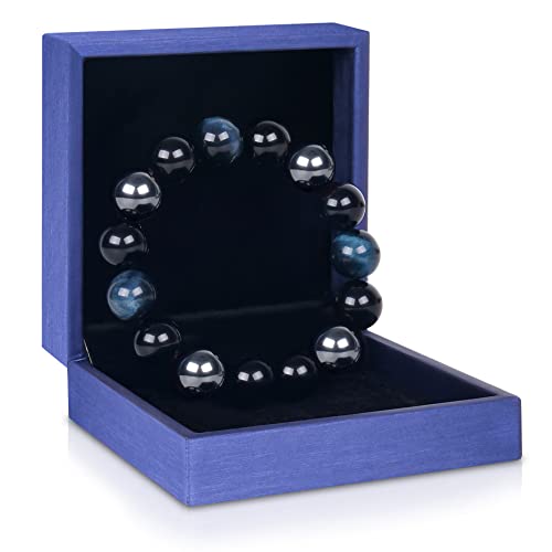 Vicsoon Triple Protection Bracelets for Men Women, Handmade Bracelet with 14mm Blue Tigers Eye Beads Black Obsidian and Hematite, Healing Crystal Jewelry Stone Bracelets Bring Luck and Happiness