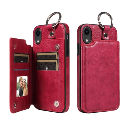 Étui pour iPhone XR en cuir PU bordeaux avec porte-cartes et bague
