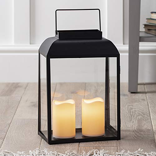 Lights4fun Farolillo de Metal Negro de 35cm con 2 Velas LED a Pilas para Interiores y...