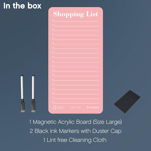 Image of 3 Lines Shopping List Fridge Magnet with Marker|Smart Planning & Shopping for Family, Working Professionals|Acrylic Magnetic Notepad for Kitchen Organisation|12x24 cms|Pink Guava Color|Large