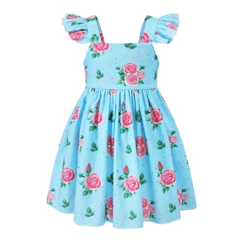 Image of Girls Floral Dress Square Neck Ruffle Sleeve Bow Back Twirl Cotton Dress