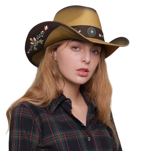 Image of Cowboy Hats for Women, Brown Cowgirl Hats Classic Straw Western Hats for Women Music Festival Party Beach.