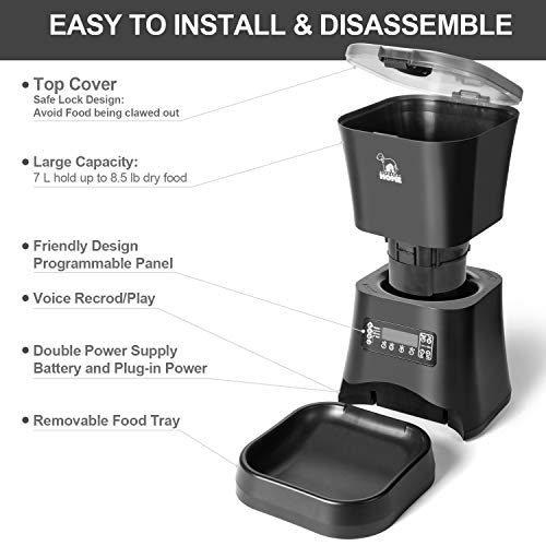 HICTOP Automatic Pet Feeder | Auto Pet Dog Timed Programmable Food Dispenser Feeder for Medium Small Pet Puppy Kitten - Portion Control Up to 4 Meals/Day 7L(Black)