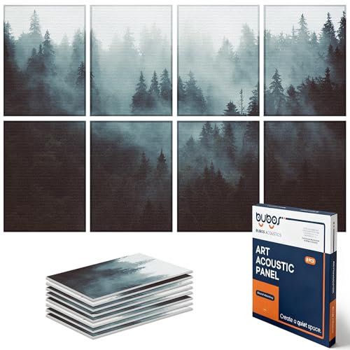 BUBOS 8 Pack Art Acoustic Panels Soundproof Wall Panel,47.2X31.4 Inches Sound Absorbing Panel,Self-Adhesive Decorative Acoustical Wall Panels, Acoustic Treatment for Ceiling Home Office（Fog Forest）