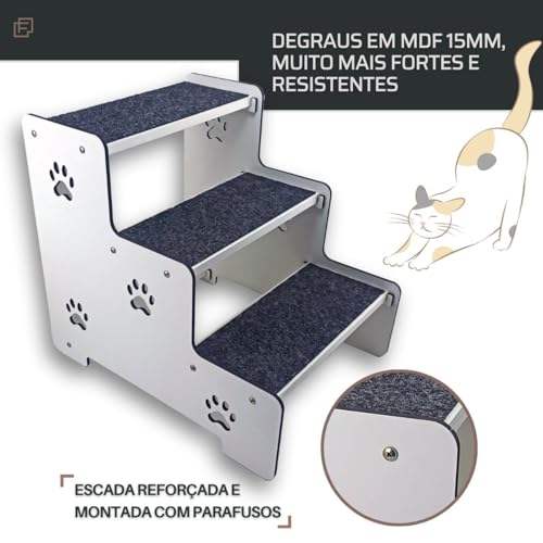 Escada para pet Cães com Três Degraus, Branca detalhes com Pegadas