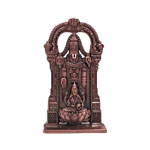 Image of anciently Tirupati Balaji Idol with Lakshmi for Car Dashboard | Venkateswara Idol with Lakshmi for Car Dashboard, Metal, 1 Piece (Copper Colour)