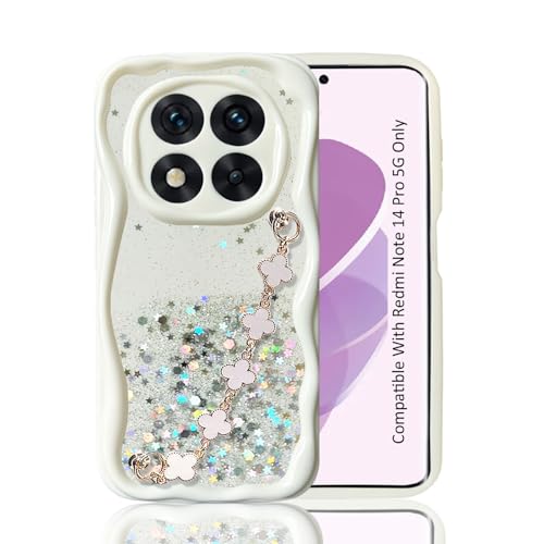 Image of KC Back Cover for Redmi Note 14 Pro 5G - Tiny Flowers Bracelet Chain Dry Fixed Glitter Curly Wave Shape Shockproof Soft Silicone Case with Camera Protection (White)