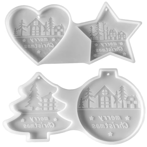 MUNSKT 4 Shapes Of Christmas Ornament Silicone Moulds Pendant Christmas Tree Shape Casting Mold Star Tree Heart Circle Santa Ornaments Christmas Decorations Cavity Reusable Silicone Crafting Mould Hol