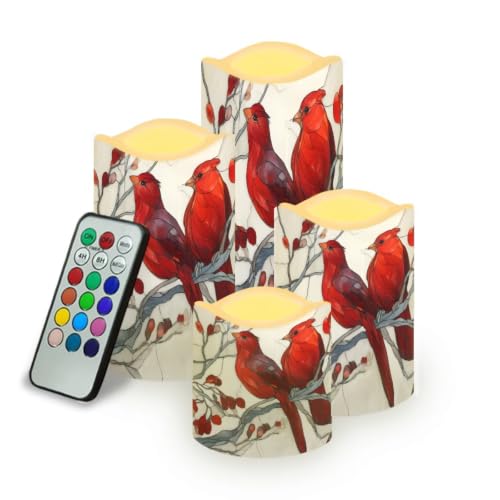 Image of Glass Cardinal Electric Flameless Candles Set of 4 | Xmas Battery Operated Candles with Remote Control, Electric Pillar Candles for Holiday Party, Living Room Decorations
