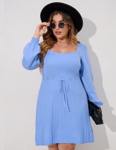 Image of Women's Plus Size Casual Sweater Dress Square Neck Long Lantern Sleeve Tie Waist Loose Pullover Sweater Dresses