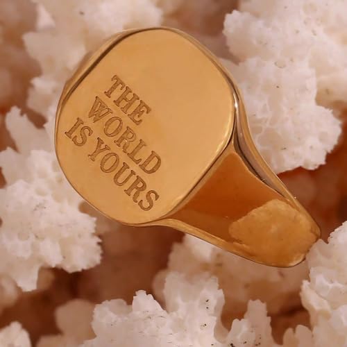 Chunky Gold Rings For Women, The World Is Yours Lettering Stainless Steel Engraving Non Tarnish Stackable Engagement Statement Trendy Birthday Jewelry Gift2