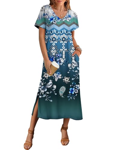 Image of Zeagoo Women Summer Floral Dress Short Sleeve Beach Dress with Pockets Casual V-Neck Split Long T-Shirt Dress Travel Vacation