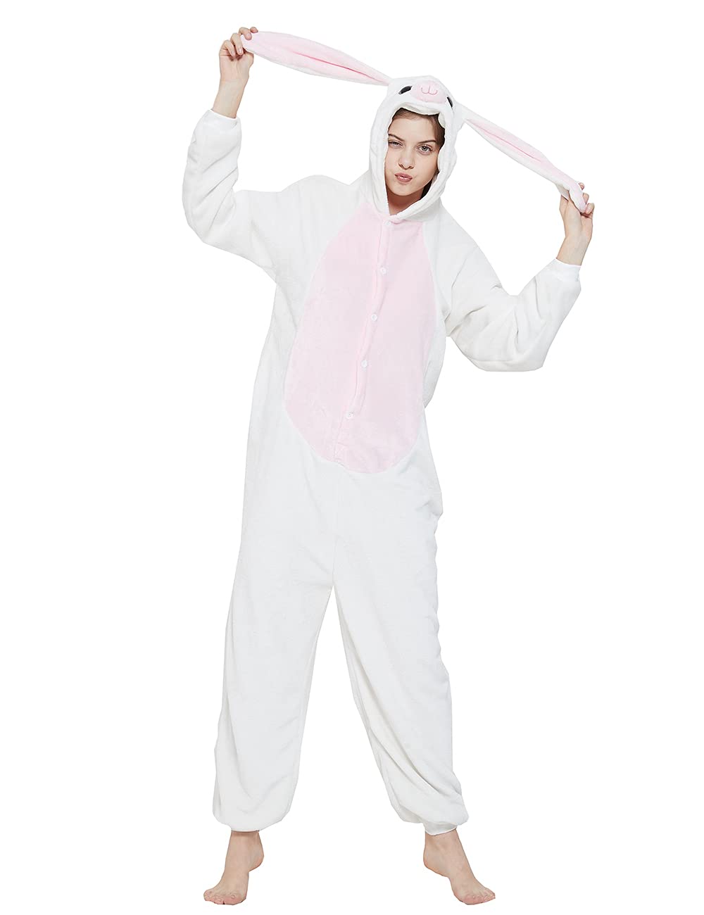 ABENCA Pijama de unicornio de forro polar para mujeres, adultos, dibujos animados, Navidad, Halloween, cosplay, disfraz de una sola pieza, Conejito blanco, XS