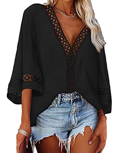 Tankaneo Damen Mode 3/4 Bell Sleeve V-Ausschnitt Bluse Shirt Spitze...