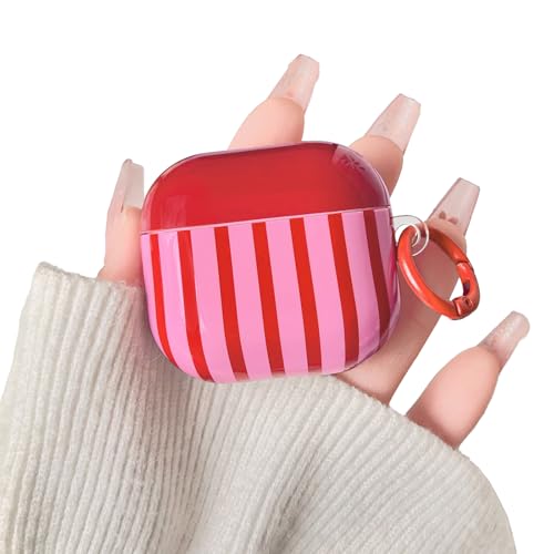 Lovmooful Compatible for AirPods 4th Case Cute Colorful Silm Striped with Round Buckle Design for Women Girls Soft TPU Shockproof Protective Cover Case for AirPods 4-Red&Pink