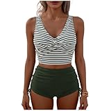 JOAU Women's Striped Print V Neck Twist Front Cropped Tankini Tank Tops and Tummy Control Side Ruched Shorts Bathing Suits Army Green