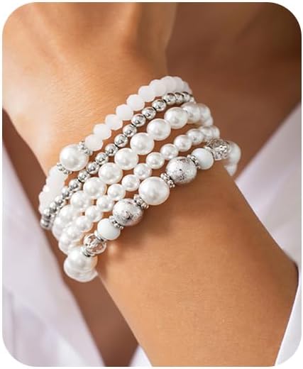 5Pcs Beaded Stretch Bracelets for Women Silver Stackable Pearl Bracelet Set Layering Crystal Stone Beads Bracelet Boho Faux Pearl Beaded Bracelets Trendy Costume Jewelry Wedding Dress Prom Jewelry