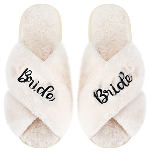 JenPen Women White Bride Slippers for Wedding Day Plush Slippers Bridal Shower Gift for Bride Party(White)
