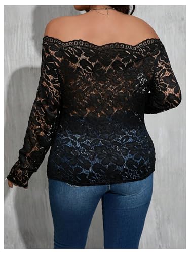 MakeMeChic Women's Plus Size Off The Shoulder Long Sleeve Top Floral Lace Sheer Slim Fitted T Shirt2