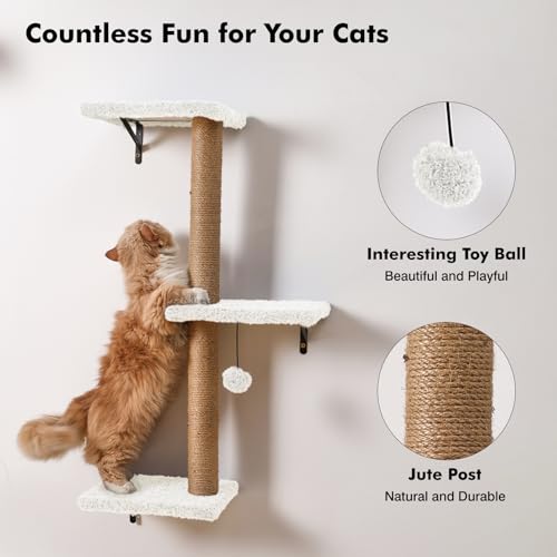 5-in-1 Cat Wall Shelves, Multi-Level Cat Climbing Furniture, Perch & Lounge for Indoor Cats, Space-Saving Wall Mounted Shelves for Play & Rest (Natural Wood) - White — view 6