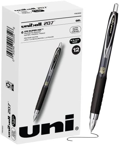 Black Retractable Gel Pens 12 Pack with Micro Points, Uni-Ball 207 Signo Click Pens are Fraud Proof and the Best Office Pens, Nursing, Business, School, and Bible Pens , Packaging may vary