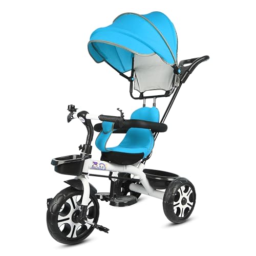 Image of BABY SMILE 4-in-1 Kids Tricycle with Adjustable Canopy, Parent Push Handle, Red and White (Blue)
