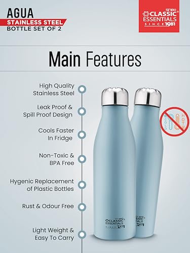 Image of CLASSIC ESSENTIALS Agua Stainless Steel Leak Proof Water Bottle Suitable for Fridge 1000 ml | Office, Bottle, Hiking, Treking, Travel | Blue, Set of (2)
