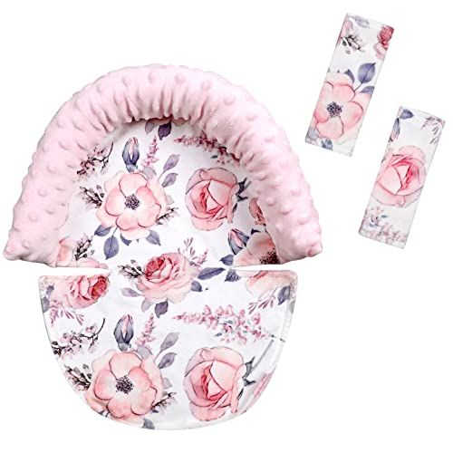 Image of Baby Carseat Headrest, Mink Baby Head Support Girls, Floral Infant Car Seat Insert, Newborn Cushion for Strollers, Pink Flower