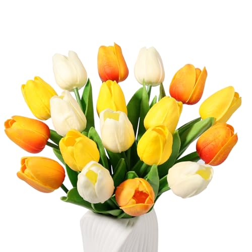 Beferr 18pcs Tulips Artificial Flowers Faux Tulip Real Touch Tulip Fake Flowers Bouquets Arrangements for Mothers Day Spring Easter Wedding Home Table Decor Blush