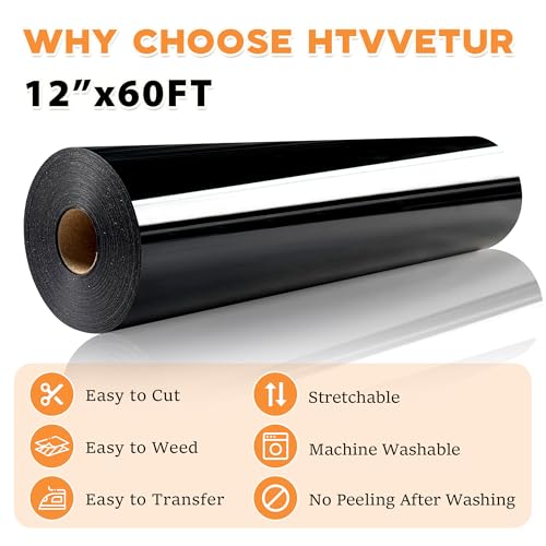 Image of HTVVETUR Iron on Vinyl 12Inch by 60ft Heat Transfer Vinyl for T-Shirt HTV Rolls for All Cutter Machine - Easy to Cut & Weed (Black-60ft)