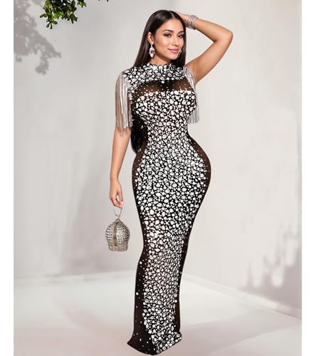 Image of Jigfar Women Sexy Elegant Rhinestone Mesh See Through Party Club Night Split Bodycon Formal Maxi Dress