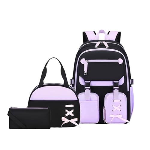 TYHOTULY 3pcs Cute Aesthetic Girls Backpack with Lunch Box Pencil Case Set, Elementary Middle High School Student Book Bag for Kids Teens, Large Capacity Kawaii Preppy Bow Tie Bookbag