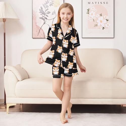 ALAZA Cute Animal Hamster Black Satin Pajamas Set Short Sleeve Button Down Sleepwear Summer Pjs 2 Piece3