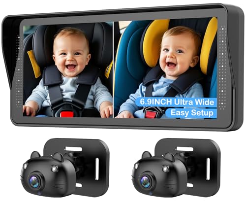Image of Dual Baby Car Camera for 2 Kids - 6.9'' Split Screen Ultrawide HD Display with Two Cameras, Easy Setup, Rotatable Night Vision Cameras, Ideal for Parents, Grandparents, Safe & Clear Viewing