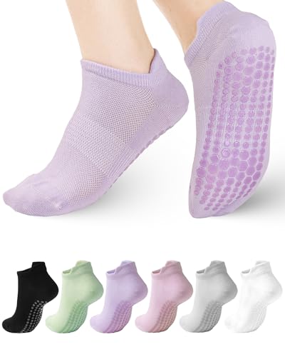 REACH STAR 6 Pairs Pilates Socks with Grips for Women, Non—Slip Ankle Yoga Socks for Ballet Barefoot Workout Athletic Socks