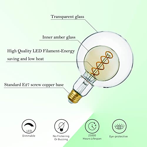 SD LUX DIMMABLE LED Bulb Vintage Globe Bulb Decorative Light G125 E27 6W 400LM(60W Equivalent) ES 2700K Warm White, 1 PC (Amber) - Image 3